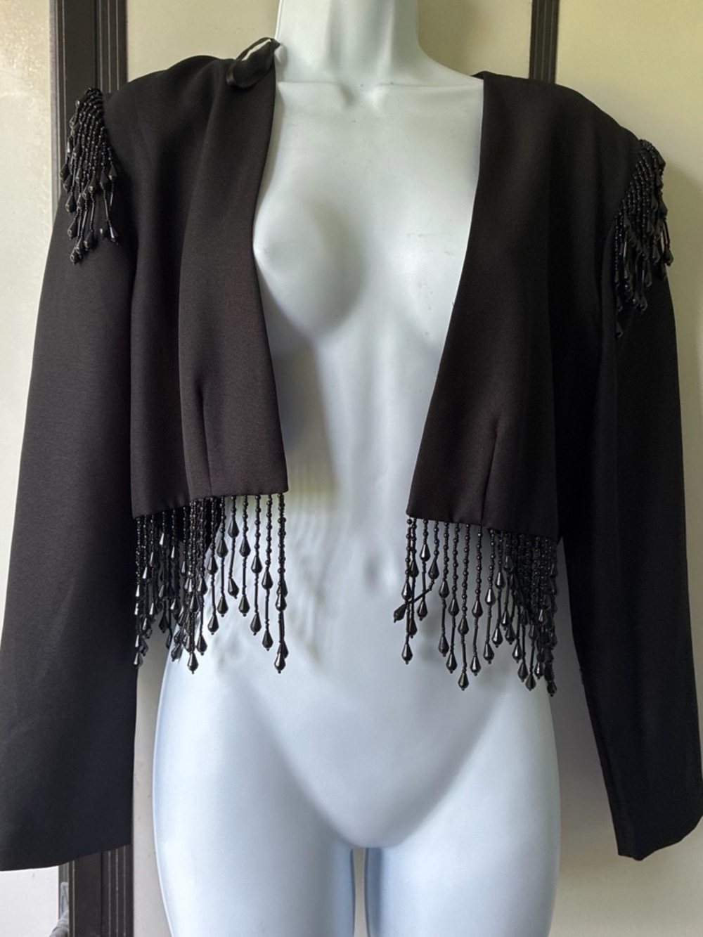 Alex Evenings Black Beaded Fringe Cropped Blazer